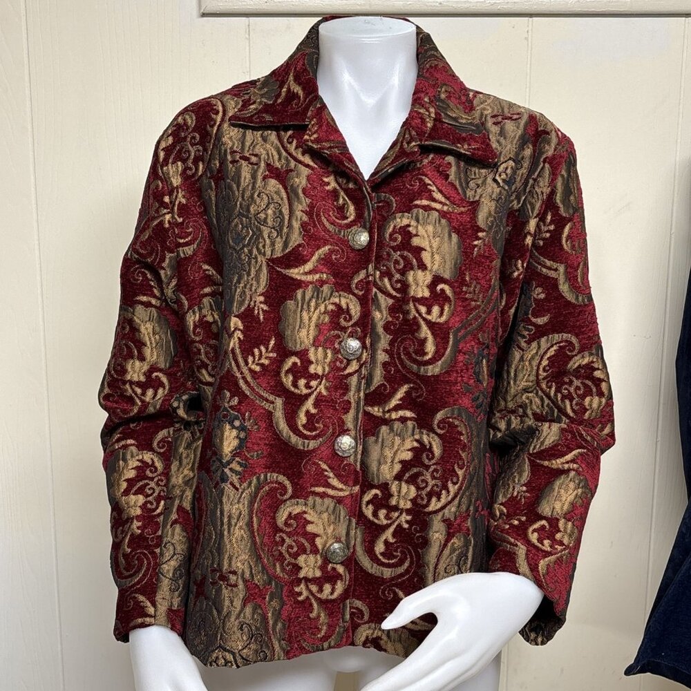 DB Sport Tapestry Velvet Jacket Womens M Ruby Gold Blazer Embroidery Vintage